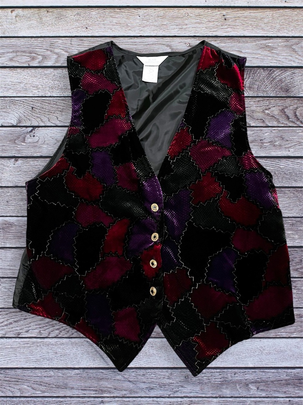 Vintage Blair Boutique Velvet Patchwork V-Neck Vest in Black, Burgundy & Purple